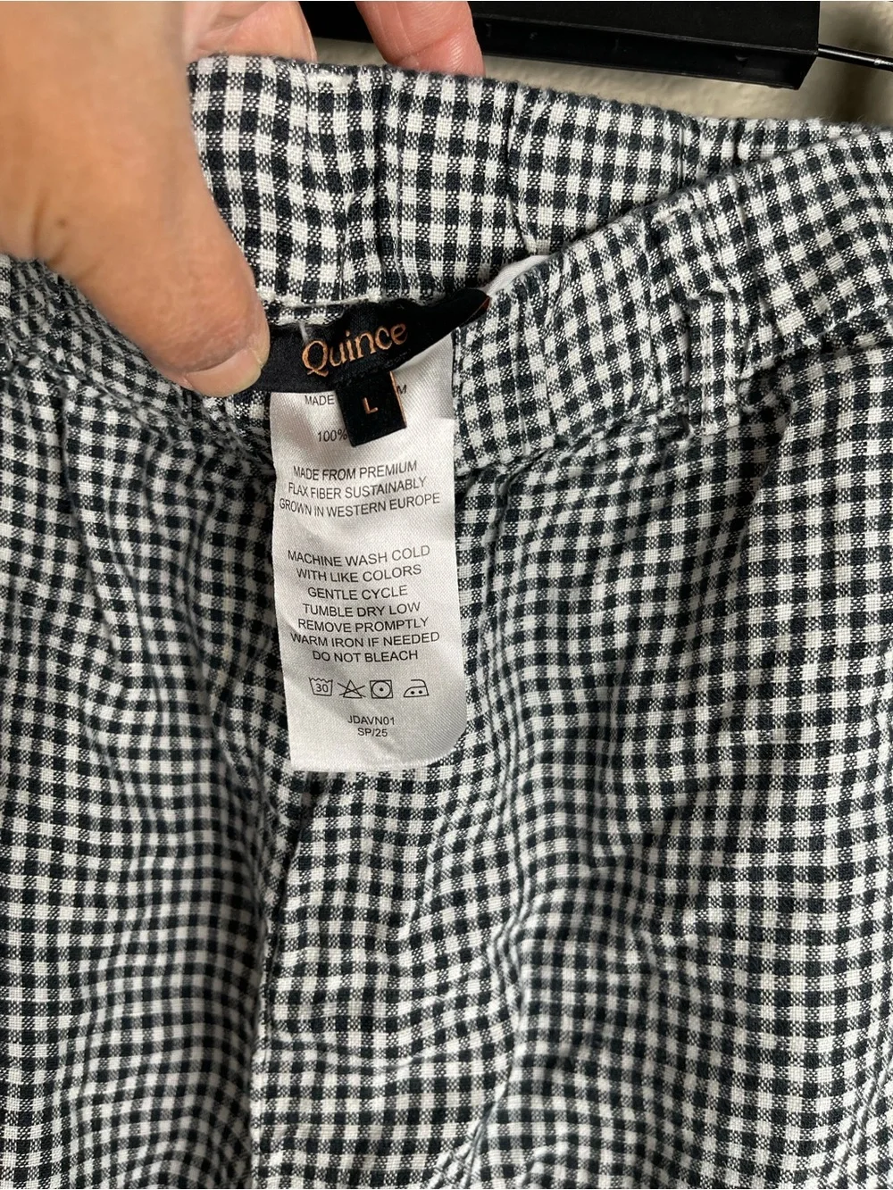 Quince 100% European Linen Pants Classic Mini Gingham Black White Pull-On Sz L